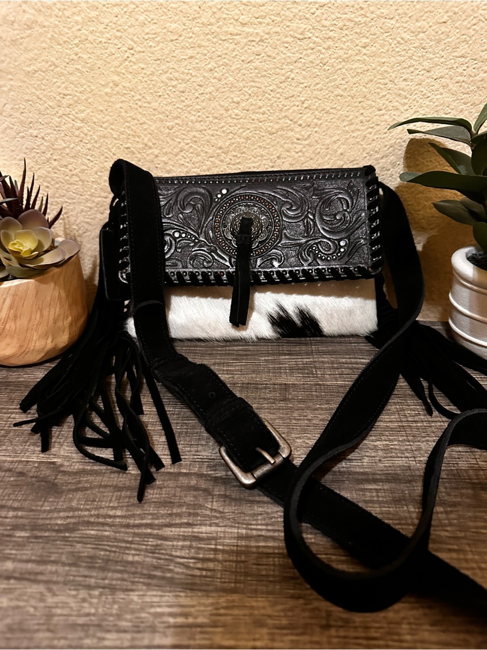Shyanne Black Tooled Leather & Cowhide Fringe Crossbody